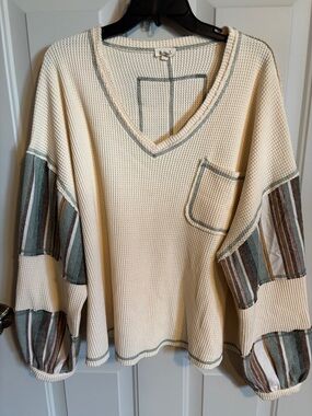 POL Cream Waffle Knit Top with Green Contrast Stitching